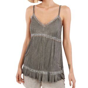 POL Gray Tunic Top with Lace Wooden Beads and Ribbon Detail